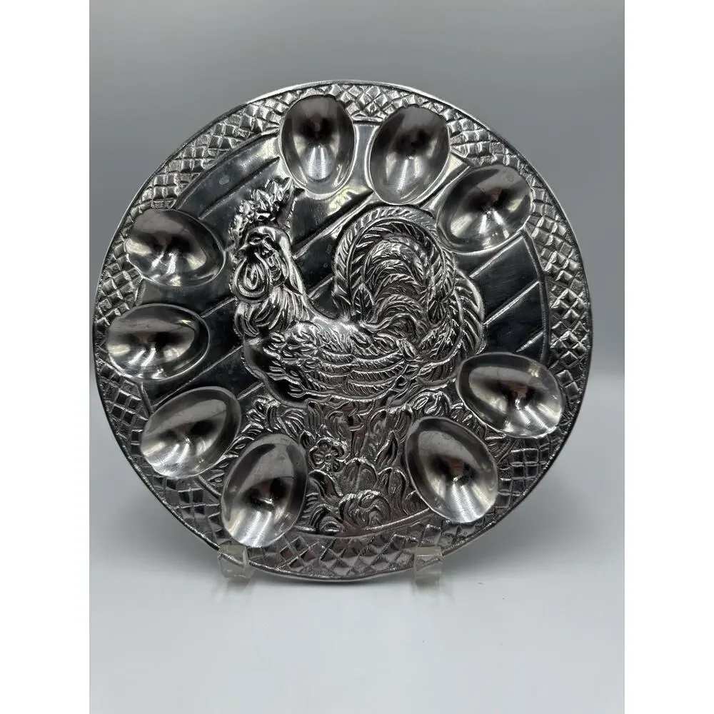Pewter Deviled Egg Server‎ Tray, Chicken - Rooster Pattern - Made in Mexico